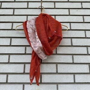 NWT Manyus Burnt Orange Mixed Media Scarf Sheer Embroidered Panel Beaded Fringe